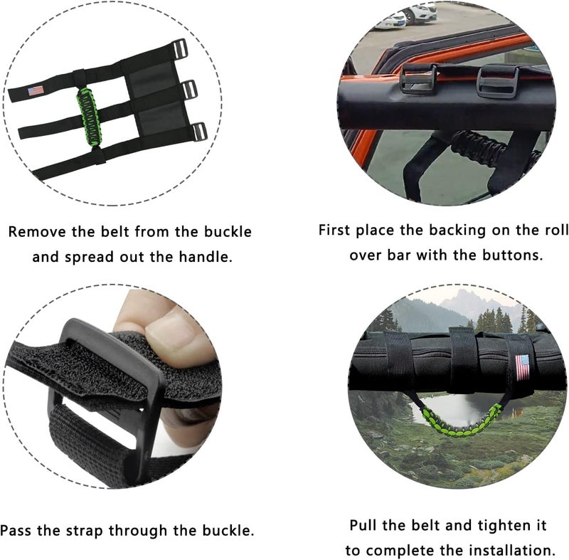 Kujunpao 4 X Roll Bar Grab Handles Grip Handle Compatible with Jeep Wrangler JLU JK JKU TJ YJ LJ JT JL & Gladiator JT 1955-2022 UTV & ATV(Green) - Image 3